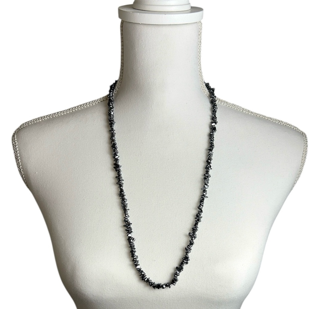 Handmade Long Silver Black Chip Style Beaded Necklace